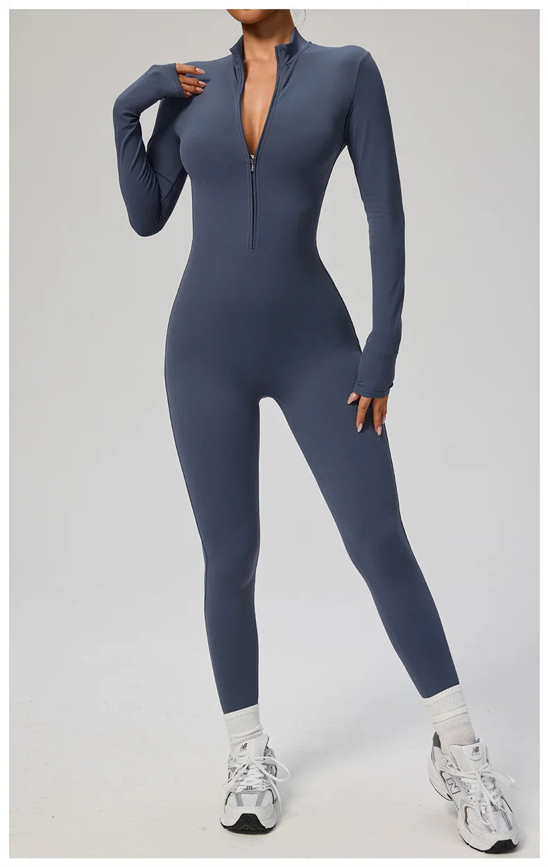 TRY TO BN Women's Jumpsuit Long Sleeve Zipper Shapewear Bodysuit Yoga Fitness One Piece Tights Gym Clothing Mono Deportivo Mujer