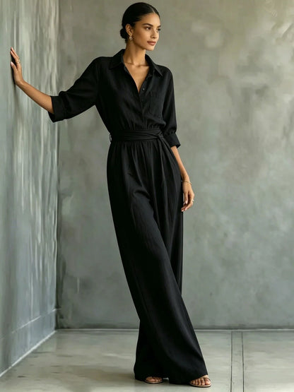 Women's Mid-sleeve Shirts Jumpsuits Spring Summer New 2026 New Fashion Elegant Waisted Lace-up Wide-leg Trousers Female Rompers