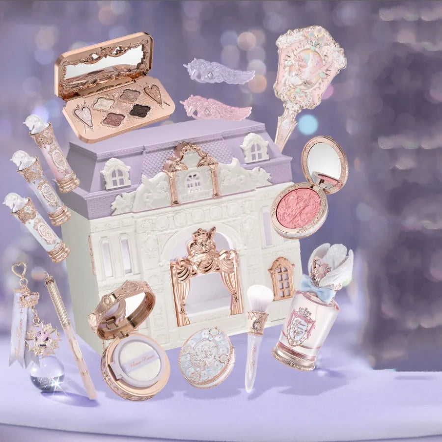 FLOWER KNOWS Knight Unicorn All-in-One Makeup Set Shimmer Eyeshadow,Mirror Lip Gloss Blush,Setting Powder Mirror Cosmetics Kit