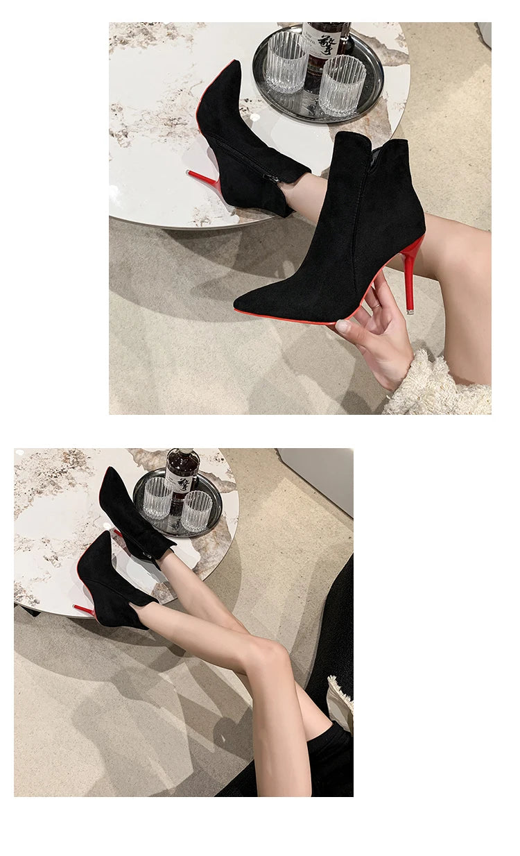 Aphixta 10cm Stilettos Winter Red Heels Zip Warm Black Ankle Boots Women Flock Footwear Shoes Women Super Big Size 47 48 49 50
