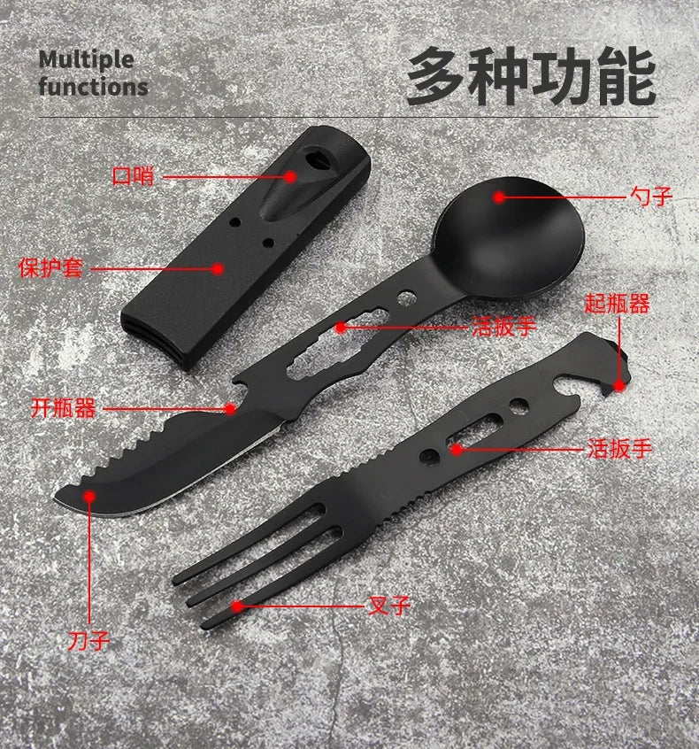Portable Multifunctional Stainless Steel Camping Tool Set,Outdoor Tableware Kit With Spoon Fork AndWhistleForHiking PicnicTravel