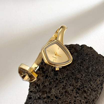 Stylish Irregular Dial Big Diamond Open Cuff Gold Watch for Woman