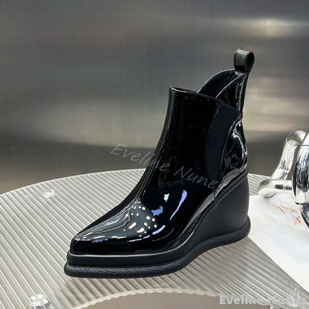 Fashion Height Increasing Wedges Ankle Boots Women Pointed Toe Platform Slip On Solid Leather Boots 2025 Simple Comfortable Boot