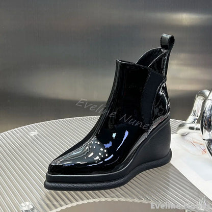 Fashion Height Increasing Wedges Ankle Boots Women Pointed Toe Platform Slip On Solid Leather Boots 2025 Simple Comfortable Boot