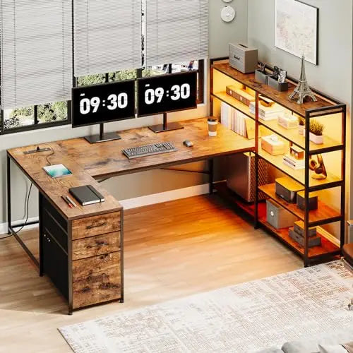 L Shaped Gaming Desk, Reversible U Shaped Computer Desk with Power Outlet and Storage Shelves, Corner Gaming Desk with