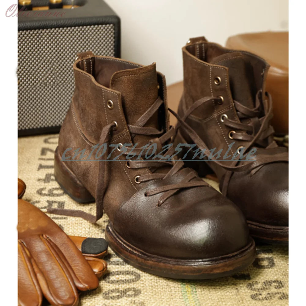 American Retro Style Chunky Leather Work Boots Lace-up Handmade Short Boots for men Thick Sole Men Shoes 2026 Zapatillas Mujer