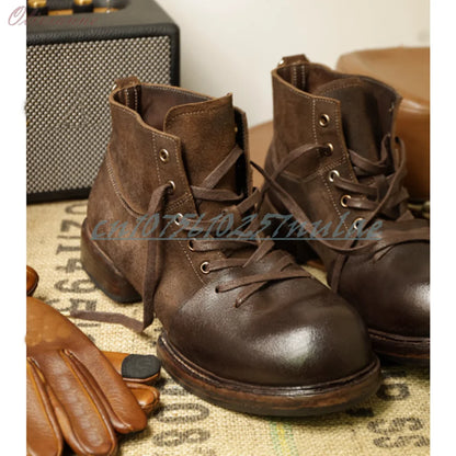 American Retro Style Chunky Leather Work Boots Lace-up Handmade Short Boots for men Thick Sole Men Shoes 2026 Zapatillas Mujer