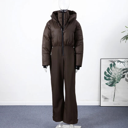 Fashion Pink Faux Fur Patchwork Hood Ski Jumpsuit Women Stand Collar Zipper Slim Pocket One Piece Suit 2026 Winter Lady Skiwears