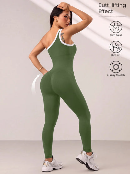 Sculpted One-Piece Yoga Suit Single Shoulder White Edge Color Block Fitness Clothing for Women