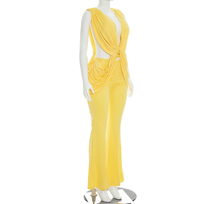 Sexy hot girl solid color layered hanging feeling low neck sleeveless jumpsuit pants