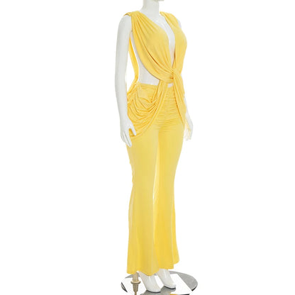 Sexy hot girl solid color layered hanging feeling low neck sleeveless jumpsuit pants