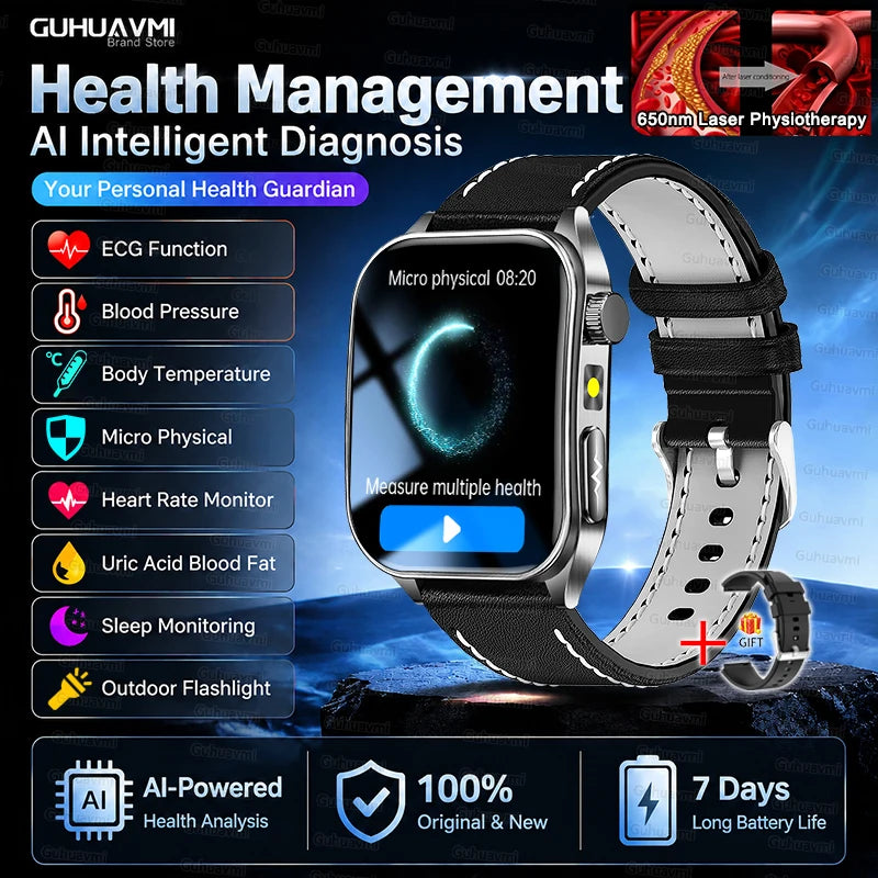 2026 New Non-Invasive Laser Treatment Three High Smart Watch Man ECG Heart Test Blood Fat Uric Acid Smart Watch For Android IOS