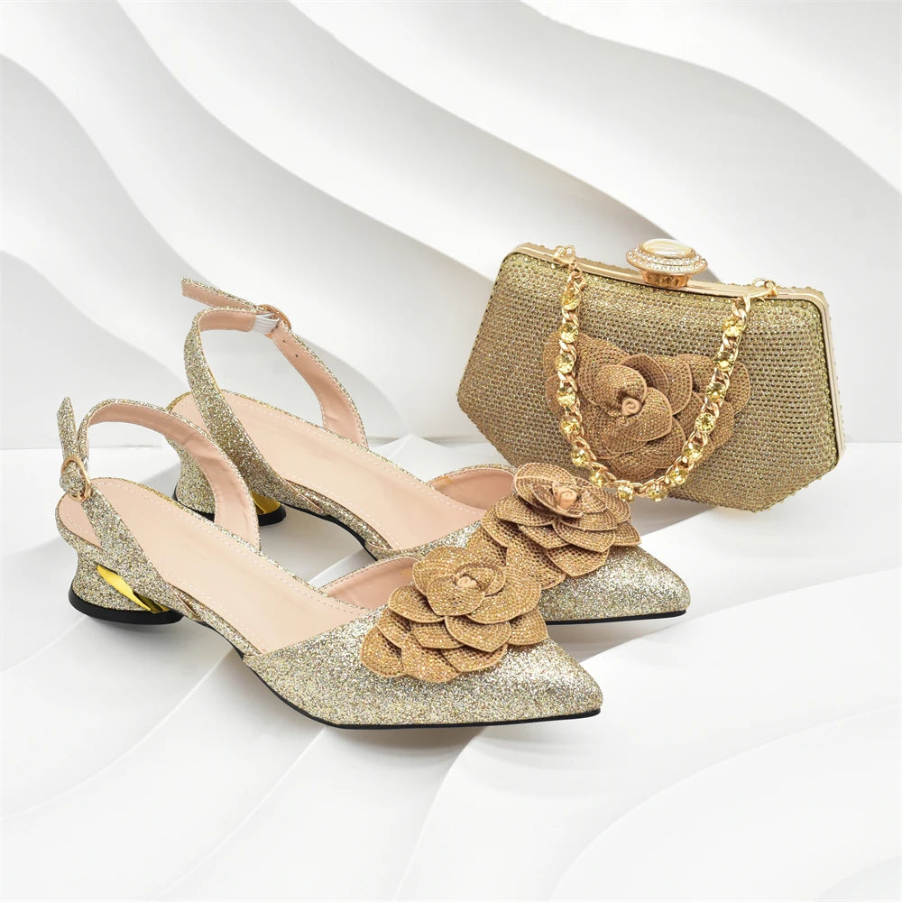 New Arrival Nigerian Women Heel Party Ladies Italian Design Shoes and Bag Set with Rhinestone Wedding Party Luxury Shoes Women