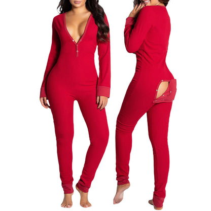 Combhasaki Women Sleeping Rompers Pajamas  Long Sleeve V-Neck Printed Slim Detachable Crotch Elastic Homewear Jumpsuits