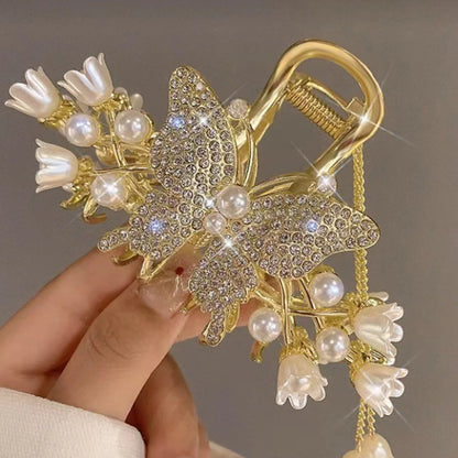 Elegant Butterfly/Flower Hair Claw Clips Gold Color Alloy Hairpins Ponytail Holder Pearls Pendant Headpieces for Women Girls