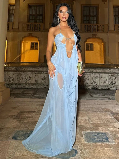 Nibber Prom Party Gown Dress Woman Sexy See Through Luxury Chain Halter Low-Neck Backless Sleeveless Midnight Elegant Vestidos