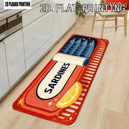 Retro Sardine Can with Lemon Print Kitchen Mat, Non-Slip Washable Durable Runner Rug for Kitchen & Coastal Themed Home Decor
