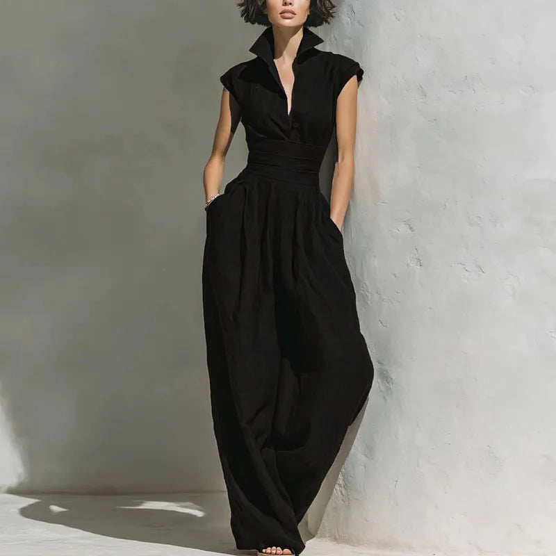 New Chic Solid Pockets Vacation Overalls Summer High Waist Low Cut Women's Romper Turn-down Collar Sleeveless Wide Leg Jumpsuits