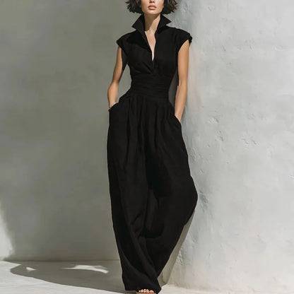 New Chic Solid Pockets Vacation Overalls Summer High Waist Low Cut Women's Romper Turn-down Collar Sleeveless Wide Leg Jumpsuits