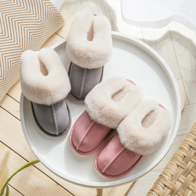 2025 Winter Warm Home Fur Slippers Women Luxury Faux Suede Plush Couple Cotton Shoes Indoor Bedroom Flat Heels Fluffy Slippers