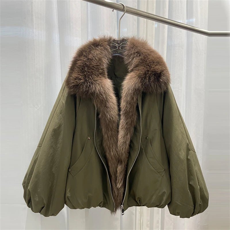 Women Winter Fox Fur Collar Short Puffer Jacket White Duck Down Thick Warm Loose Fit Parka Luxury Fashion Casual Outerwear Coat