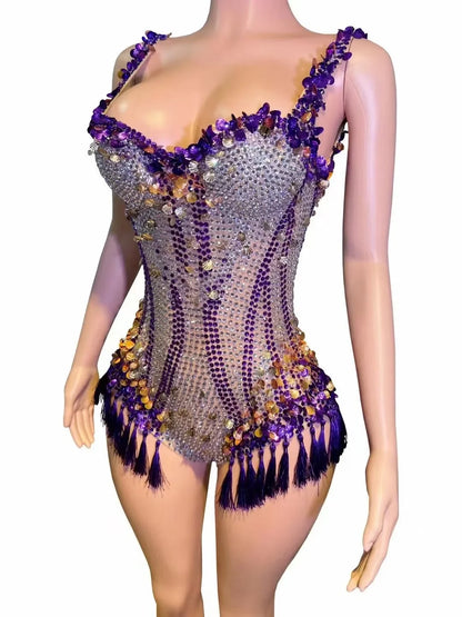 Luxury Fringes Rhinestones Bar Nightclub Outfit Birthday Party Dancer Stage Wear Performance Costume Sparkly Sexy Bodysuit