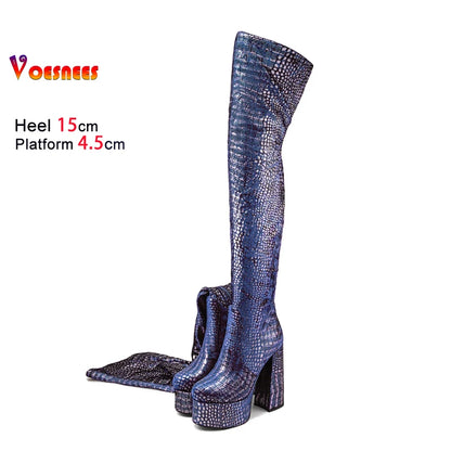 15CM Chunky Heel Platform Woman Over-the-knee Snake Pattern Boots Wild T Show Shoes Sexy Slimming Stretch Thigh Boots For Women