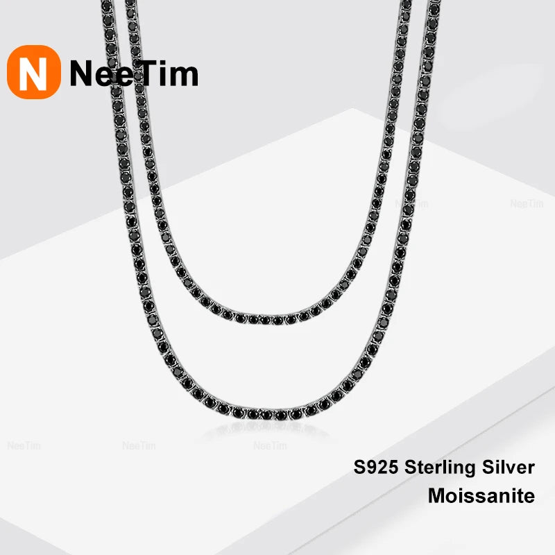 NeeTim 2mm 3mm Black Moissanite Tennis Necklace s925 Sterling Silver with White Gold Plated Neck Chain Necklaces for Women Man