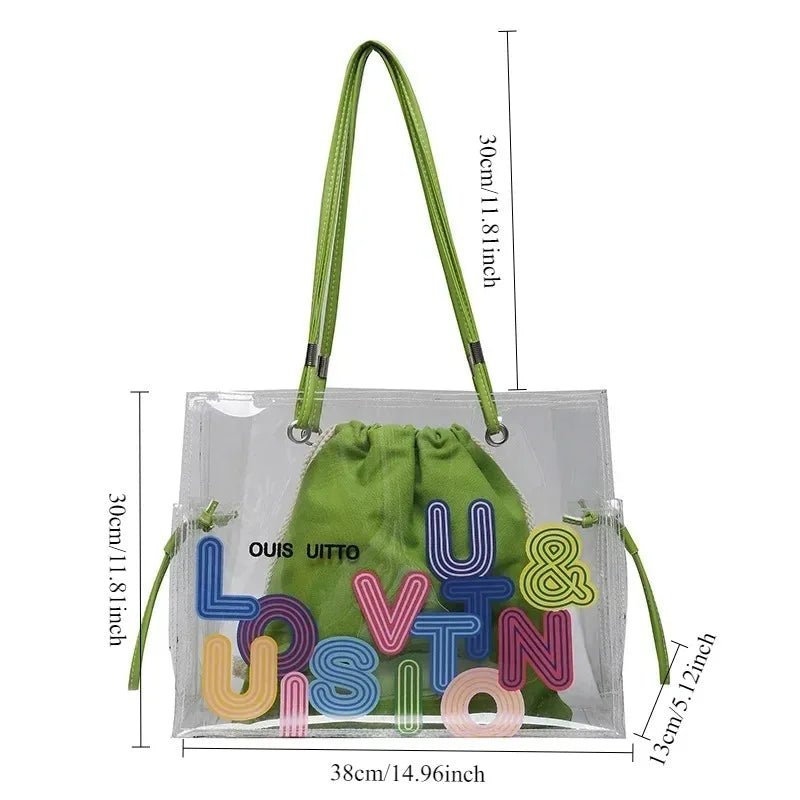 New FashionTransparent Tote Bag for Women Large Capacity Jelly Shoulder Handbag Versatile Casual Crossbody Bag for Spring Summer