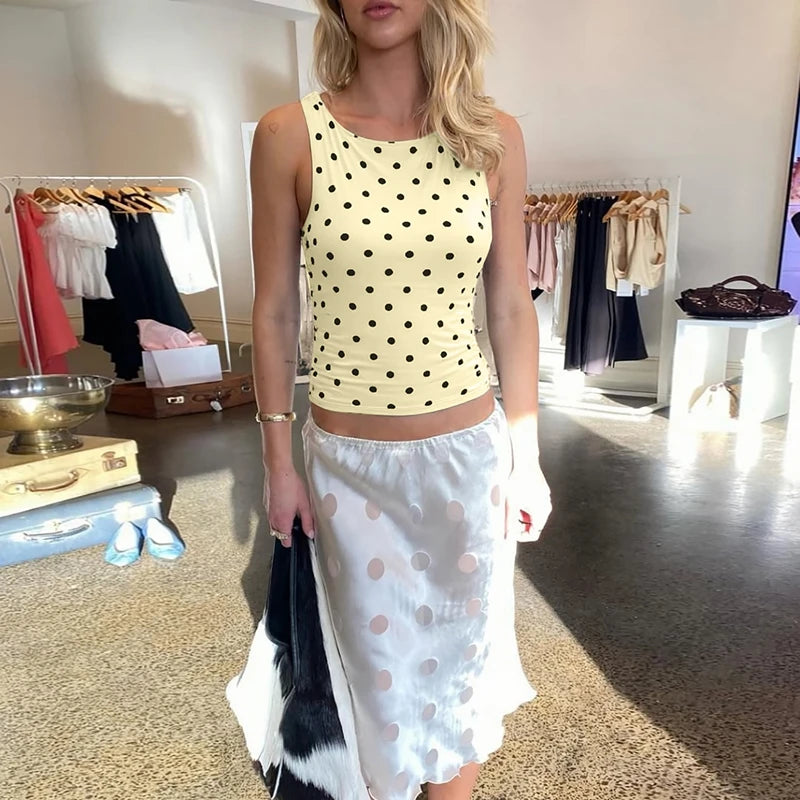 Hugcitar Women'S Fashion Polka Dot Print O Neck Sexy Slim Crop Tank Top Summer Female Clothes Beach Vacation Party Streetwear