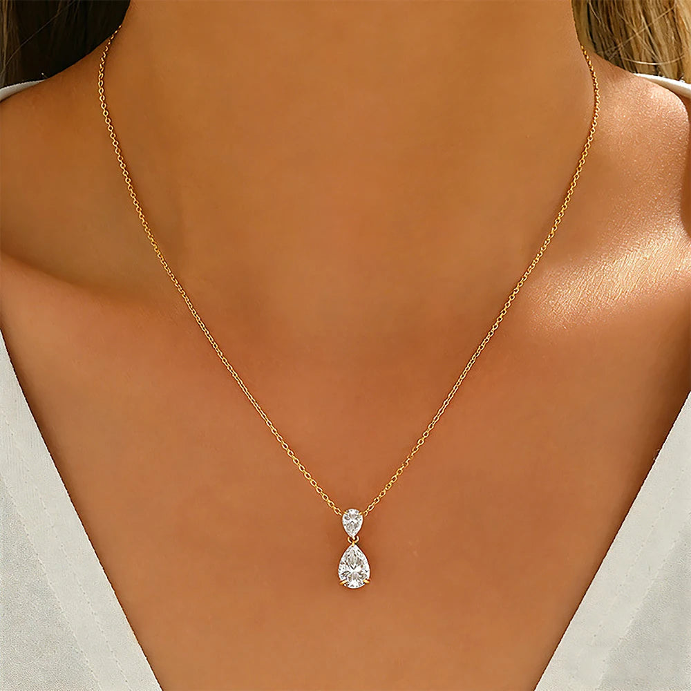 2-Stone 2.5cttw Waterdrop Moissanite Pendant Necklace for Women S925 Silver Plated 18k Gold Pear Cut Diamond NeckChain Jewelry