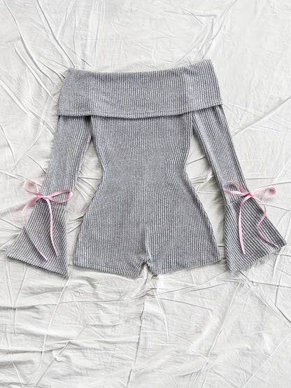 Elegant Directed Women's Autumn Winter New Knitted Solid Color One-Shoulder Bell Sleeve Long Sleeve Sexy Bared Shoulder Jumpsuit