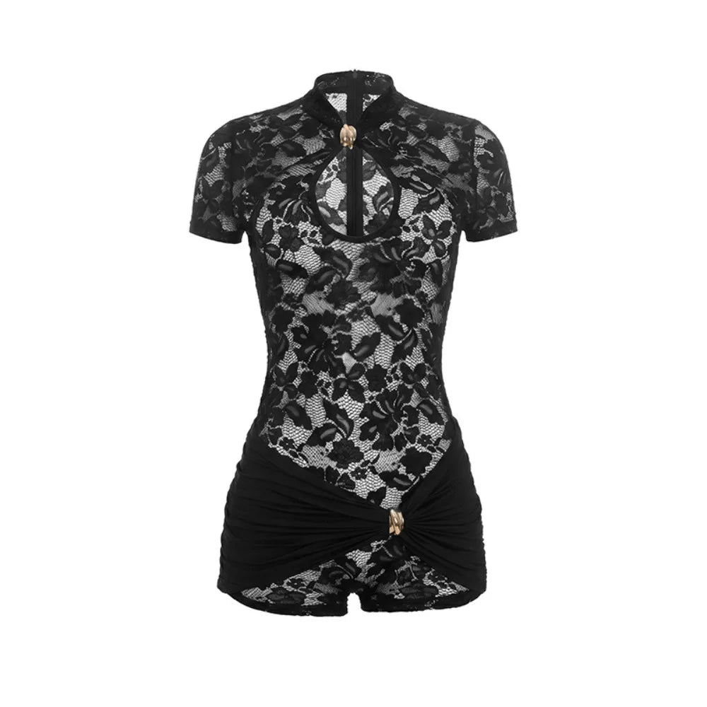 FLARORA Sexy Lace See Through Rompers Woman Hollow Metal Buckle V Neck Short Sleeve Ruched Patchwork Skinny Peach Hip Playsuits
