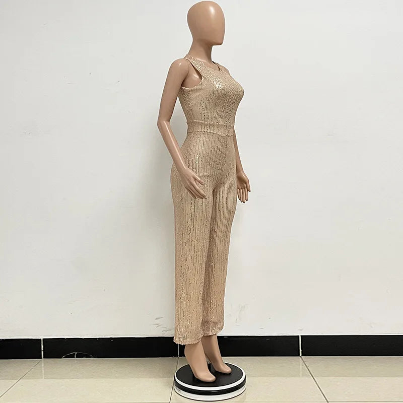 Bling Bling Sequined Club Jumpsuit Sexy Women O-neck Elegant Shiny Sliver Gold Sequins Straight Romper Overalls
