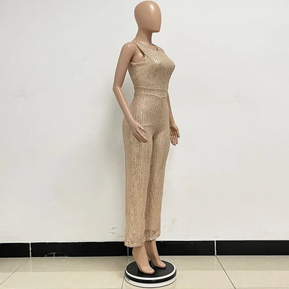 Bling Bling Sequined Club Jumpsuit Sexy Women O-neck Elegant Shiny Sliver Gold Sequins Straight Romper Overalls