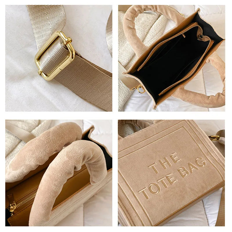 Women's Khaki Velour Tote Bag Original Letter Print Medium Ladies Shopper Handbag Female Square Medium Shoulder Bags
