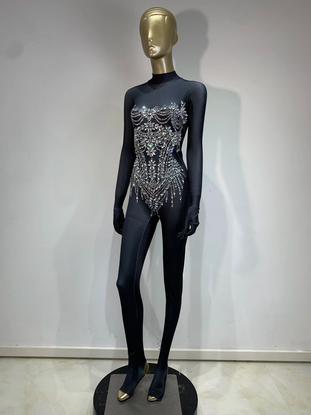 STOCK Sparkling Rhinestone Stretch Jumpsuit Women Sexy Club Evening Party Wear Drag Queen Singer Dancer Stage Perform Costume