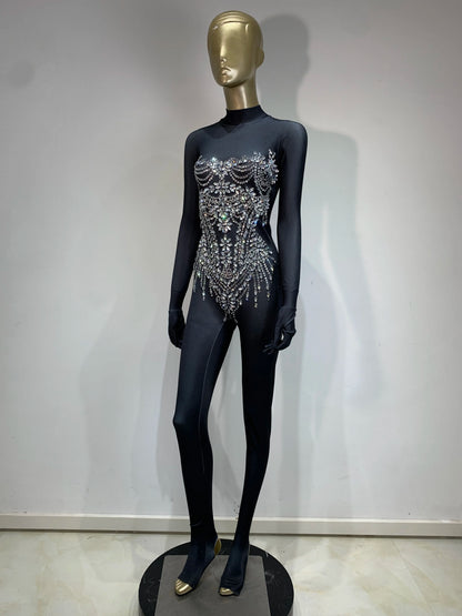 STOCK Sparkling Rhinestone Stretch Jumpsuit Women Sexy Club Evening Party Wear Drag Queen Singer Dancer Stage Perform Costume