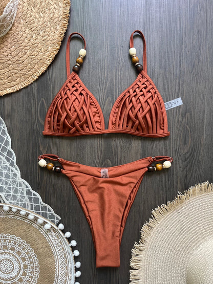 Sexy Brown Bikini Set 2026 Women Pearls Strap Hole Out Push Up Bra Thong Swimsuit Brazilian Beach Bathing Suit Micro Swimwear