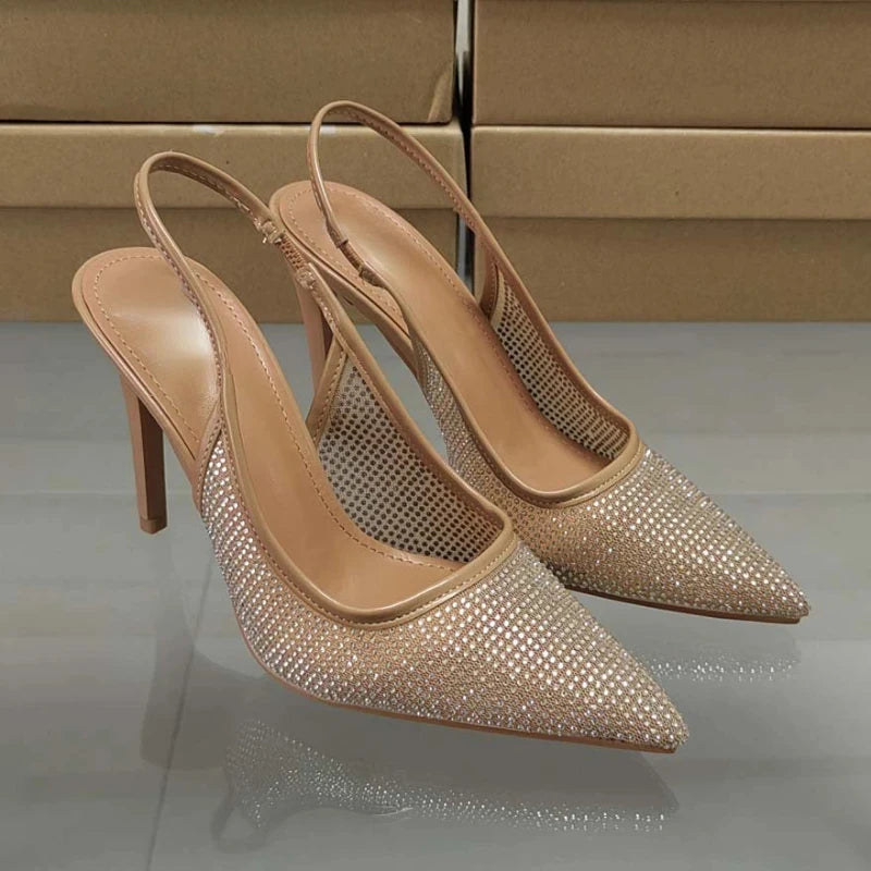 Luxury Brand Women Summer Shoes Pointed Toe Bright Rhinestone Design Mesh High Heeled Elegant Party Nightclub Shoes for Ladies