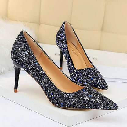 Women 7cm 9.5cm High Heels Pumps Wedding Bridal Scarpins Sparkly Mid Heels Lady Party Sequins Glitter Evening Gold Silver Shoes