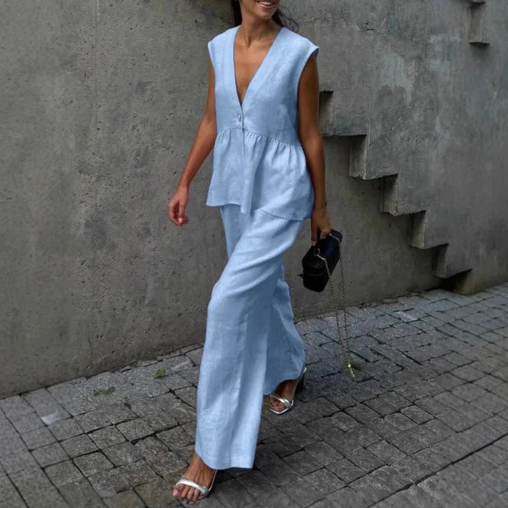 2 Pieces Women Sets 2026 Cotton V-Neck Sleeveless Top Vest + Long Pants New Solid Color Two-Piece Sets Women's Clothing