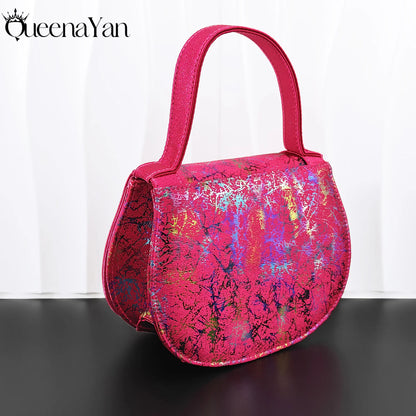 Print Design Mature Style Fuchsia Color Essential for Banquets, Exquisite HandBag with Sexy High-Heeled Peep Toe Lady Shoes