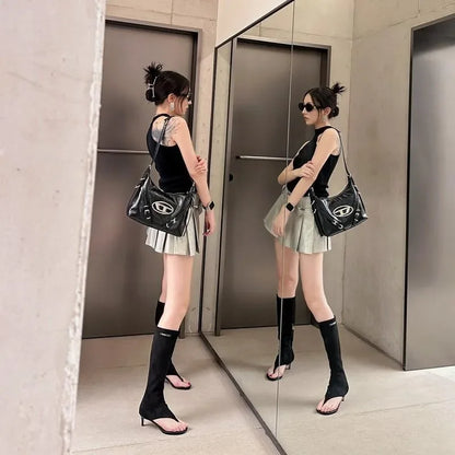 2025 Black Open Toe Clip-On Knee Boots Women's Modern Booties Thin Low Heel Side Zip Spring Summer Party Heels Sandals