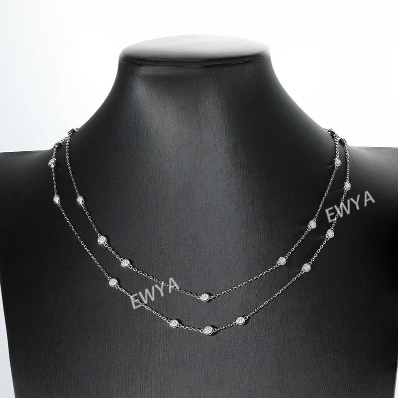 EWYA Luxury D Color Full 3/3.5mm Round Bubble Moissanite Diamond Tennis Necklace for Women Party S925 Silver 2-Layer Neck Chain