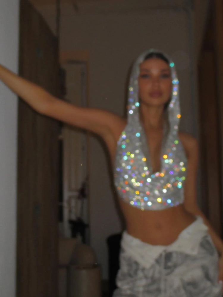 Women Sexy Mesh See Through T Shirt Shiny Rhinestone Fishnet Hollow Out Crop Top Sleeveless Beach Cover Up Party Club Tank Tops