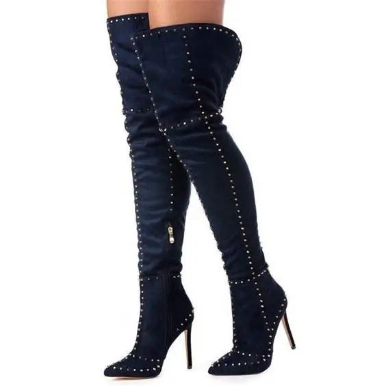 Sexy Green Blue Suede Gold Studs Women Over The Knee Boots Ladies High Heel Thick Slip On Point Toe Rivets Motorcycle Botas