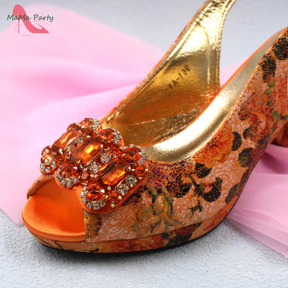 2024 Mature Style High Quality Comfortable Heels Italian Women Shoes and Bag Set with Shinning Crystal in Yellow Color