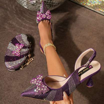 Venus Chan Green Color Pointed-Toe High Women Heels Shoes and Bags for Women Rhinestone Evening Party Elegant Luxury Handbag