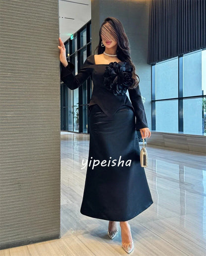 Customized Jersey Flower Ruched Celebrity A-line Square Neck Bespoke Occasion Gown Midi Dresses